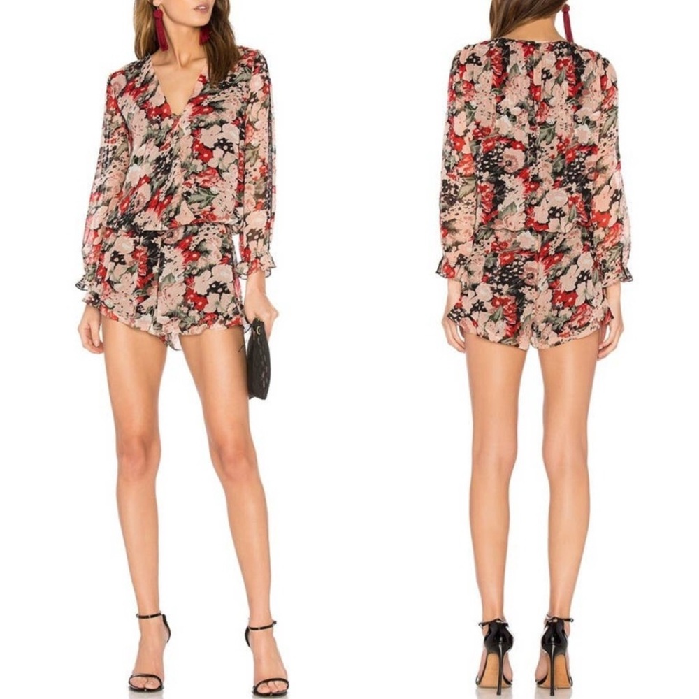 Joie Ellar Silk Romper Floral Print Lace & Ruffle Detail Long-sleeve Large